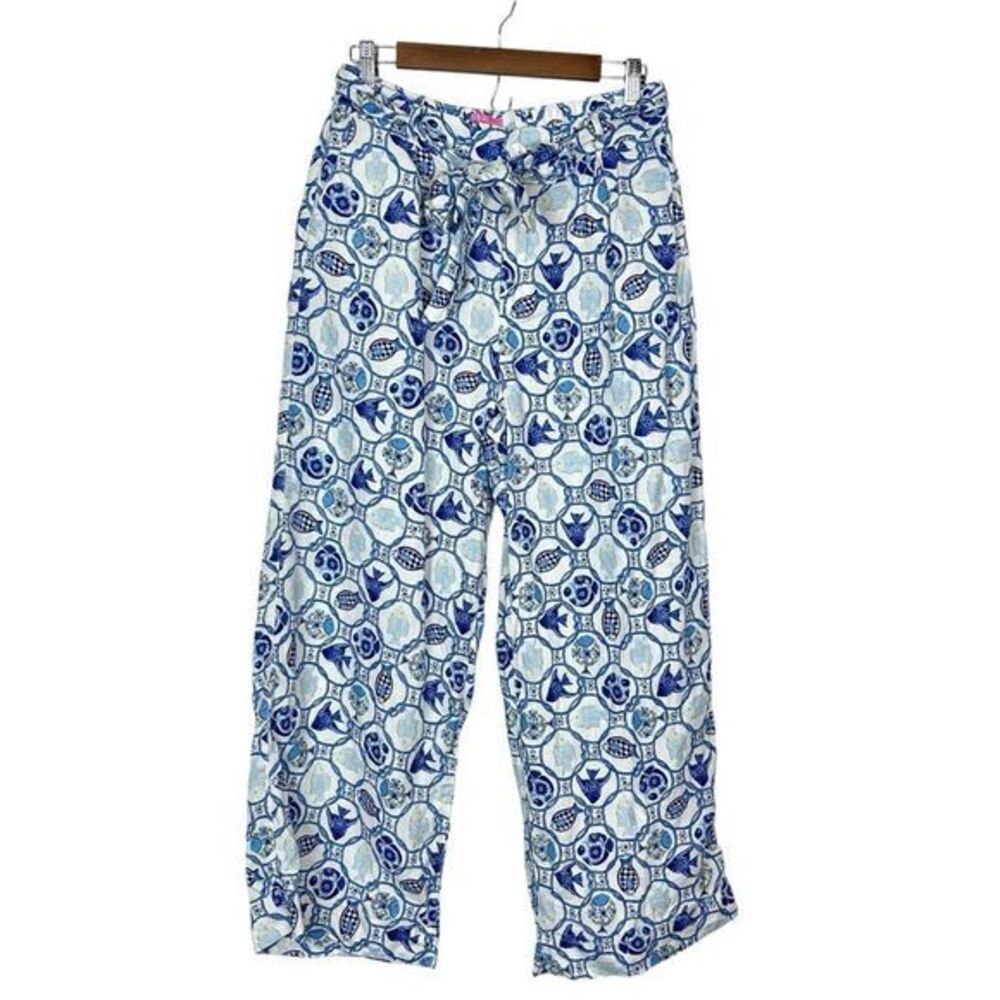 Isaac Mizrahi Pants Women Large Blue White Fish Print Linen Wide Leg Belted Shel